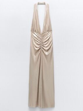 Zara Backless Metallic Champagne Halter Maxi Dress